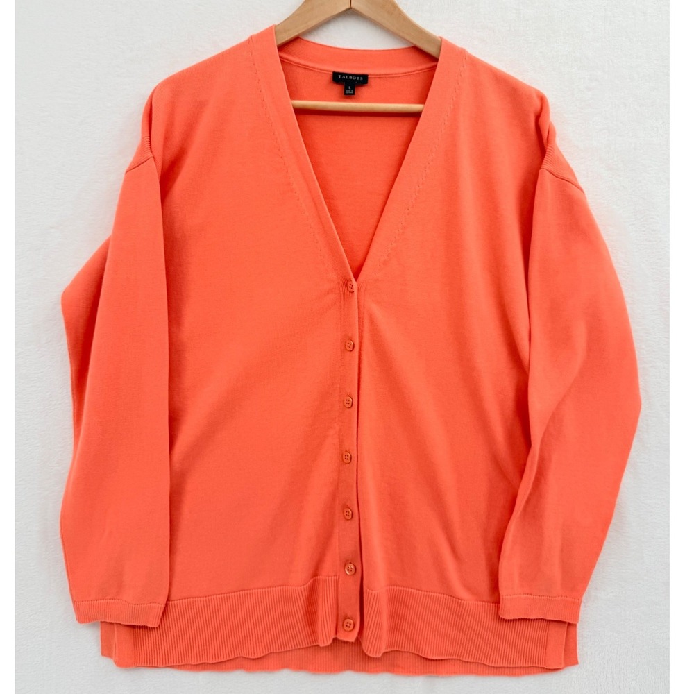 Talbots Button Front Cardigan Large Coral Cotton Blend Coastal Grandma Casual